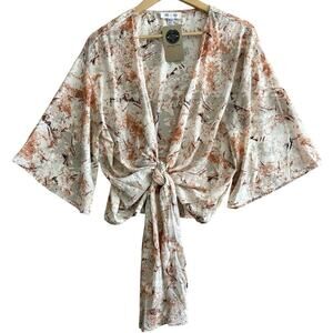 She + Sky Women’s Tie Front Kimono Cardigan One Size Peach Tan Wht Abstract NWT